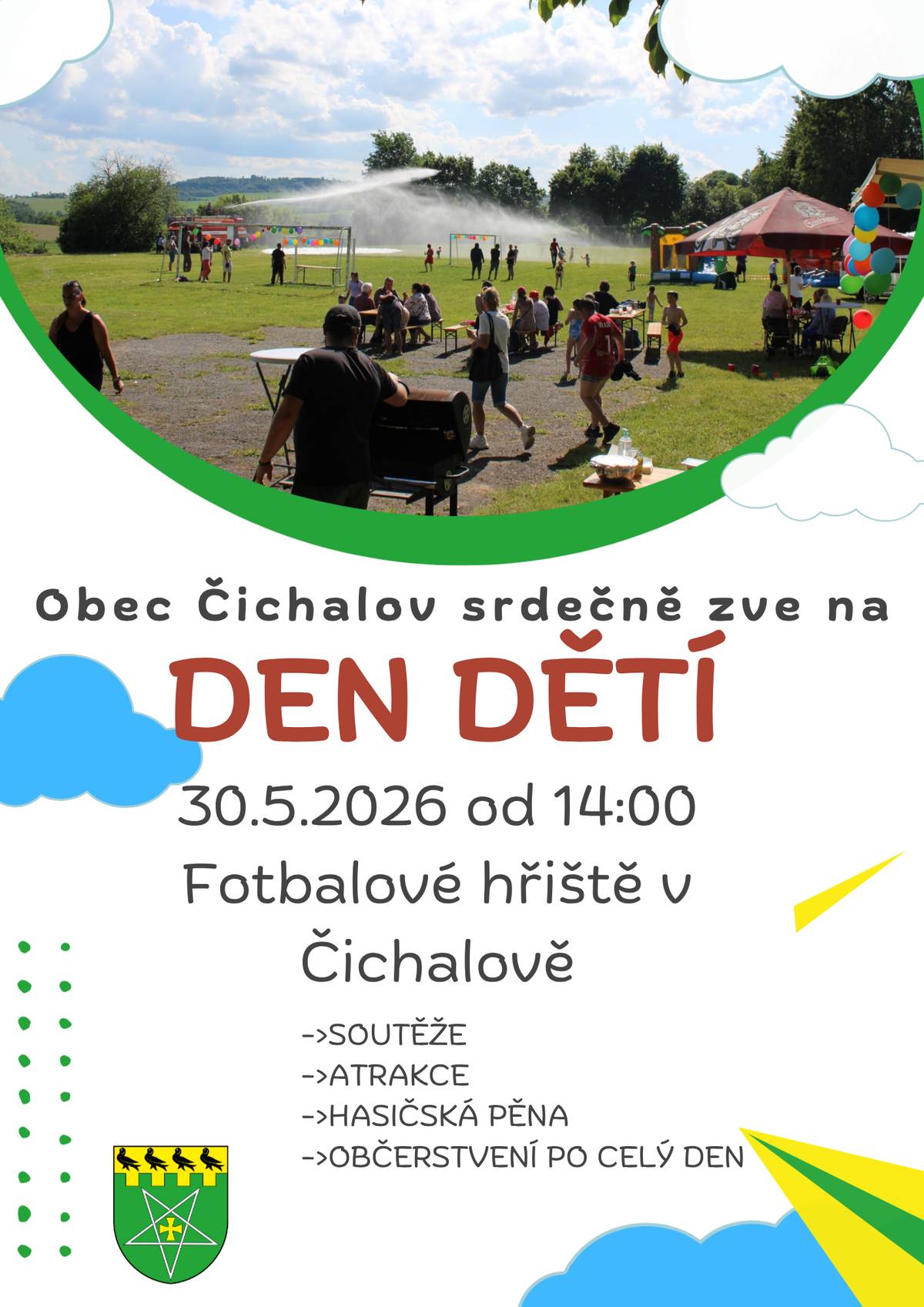 Obec Čichalov srdečně zve na Dětský den v Čichalově konaný dne 30.5.2026 od 14:00 na fotbalovém hřišti.
