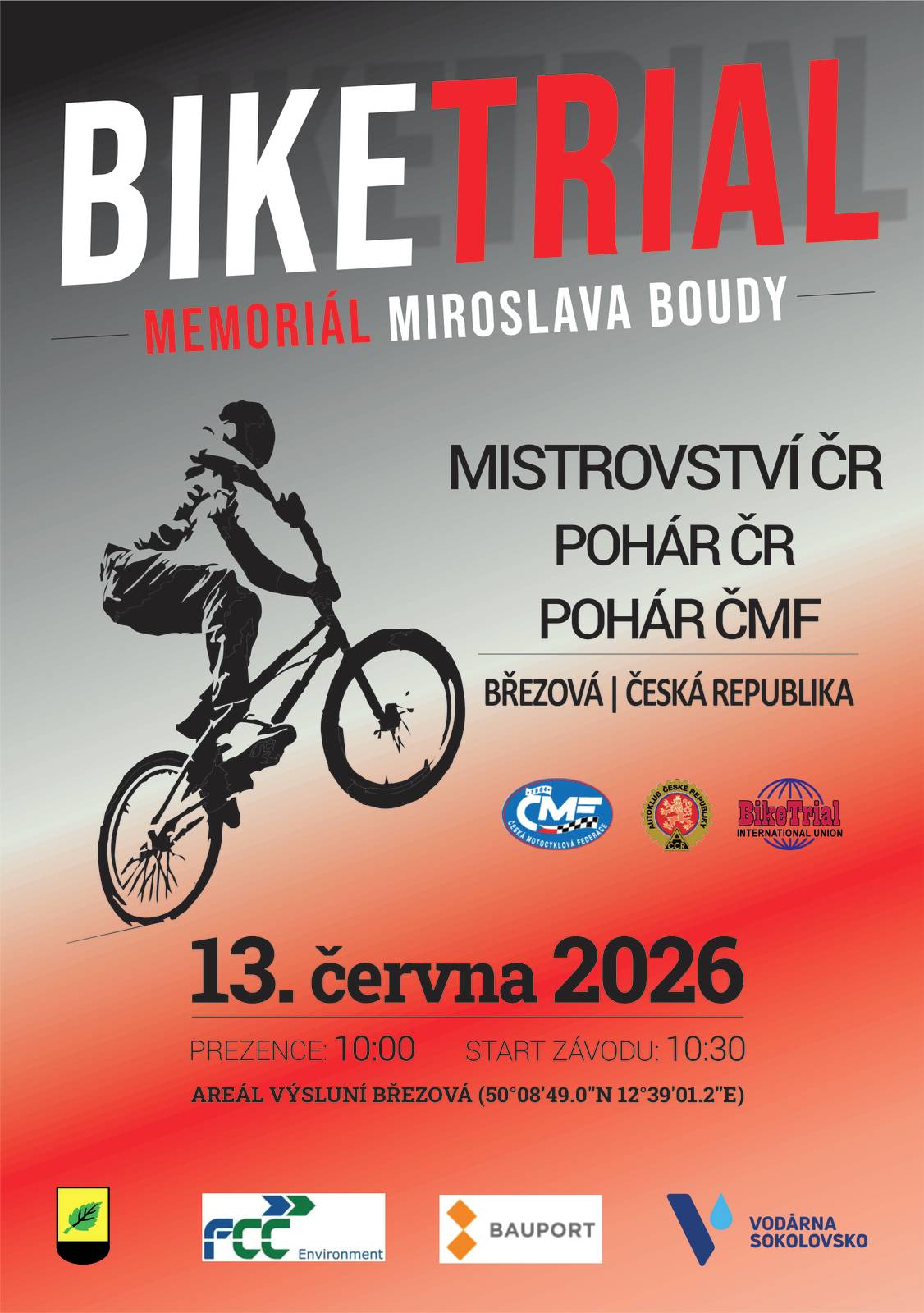 Město Březová zve všechny příznivce sportu na prestižní biketrialové závody Memoriál Miroslava Boudy, které se uskuteční v sobotu 13. června 2026 v areálu Výsluní v Březové v rámci MČR, Poháru ČR a Poháru ČMF.