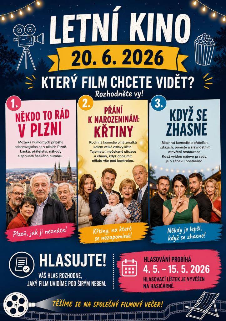 Jaký film chcete vidět? - tak tohle můžete sami ovlivnit - hlasujte do 15.5.2026 a vyberte si z těchto filmů :  - Někdo to rád v Plzni  - Přání k narozeninám : KŘTINY  - Když se zhasne