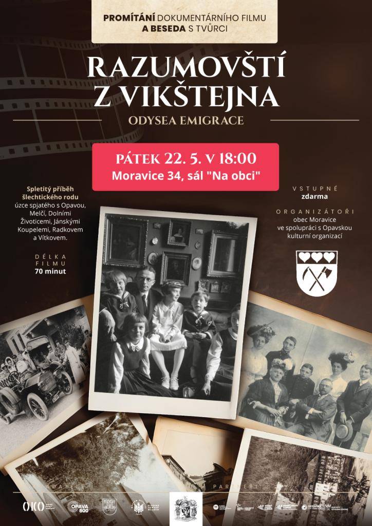 Obec Moravice zve na promítání dokumentárního filmu Razumovští z Vikštejna Odysea emigrace, spojené s besedou s tvůrci. Akce se koná v pátek 22. května od 18:00 v Moravici 34, sál „Na obci“. Vstup je zdarma.