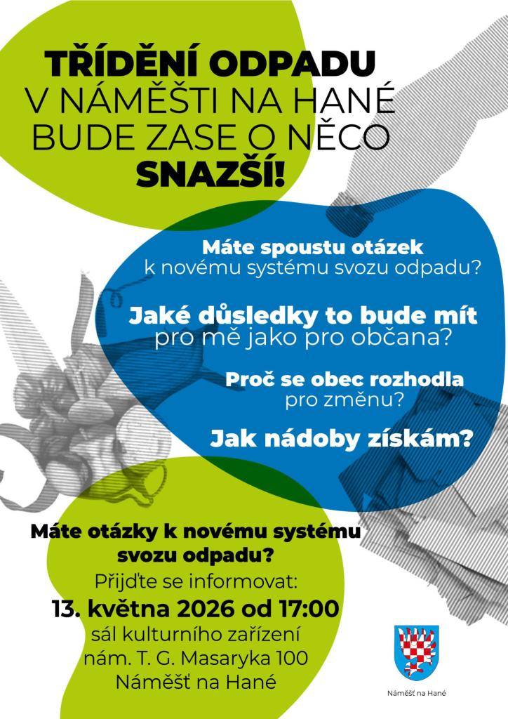 Od 1. července 2026 dojde ke změně systému třídění a svozu odpadů v Náměšti na Hané. Občané dostanou podrobné informace do svých poštovních schránek a mohou se zúčastnit informační schůzky 13. května 2026 v 17:00. Nádoby na papír, plast a bioodpad bude možné vyzvednout zdarma od 14. do 23. května 20