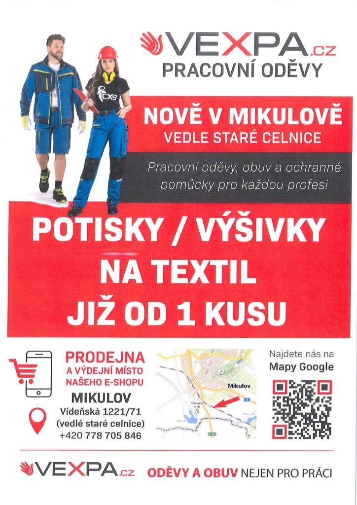Vexpa.cz otevírá novou prodejnu pracovních oděvů v Mikulově, která se nachází vedle staré celnice. V jejich nabídce najdete oděvy, obuv a ochranné pomůcky pro každou profesi, včetně možnosti potisku a výšivky na textil již od jednoho kusu.