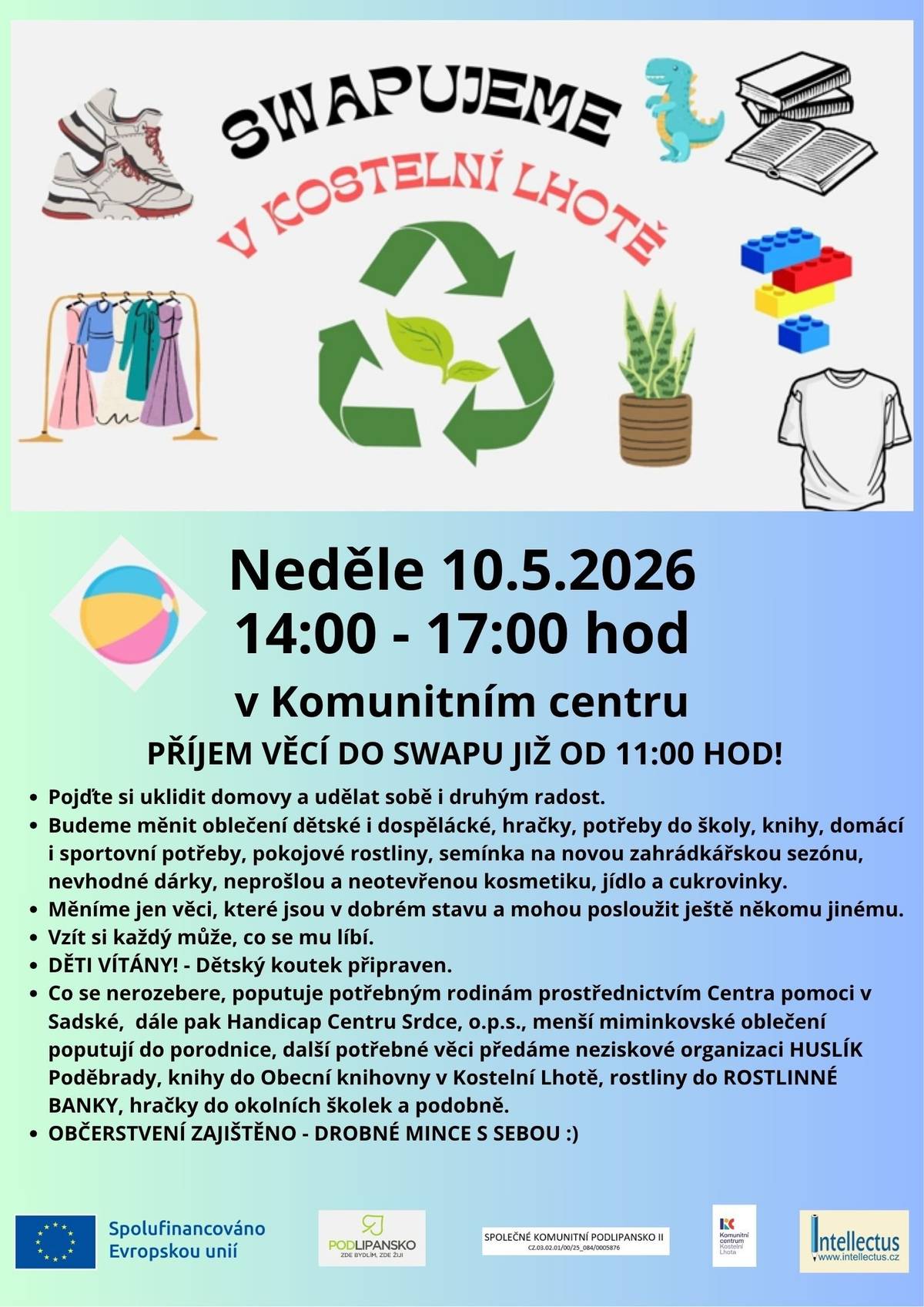 Zveme vás na v pořadí již šesté společné swapování, které proběhne tuto neděli v Komunitním centru.   Příjem věcí: od 11:00 hod.   Samotná výměna: 14:00 – 17:00 hod.   Můžete přinést čisté oblečení, potřeby pro děti, knihy či sportovní vybavení. Vše, co si nikdo nevybere, putuje potřebným rodinám a do neziskových organizací v okolí. Občerstvení zajištěno, vstup s dětmi vítán!
