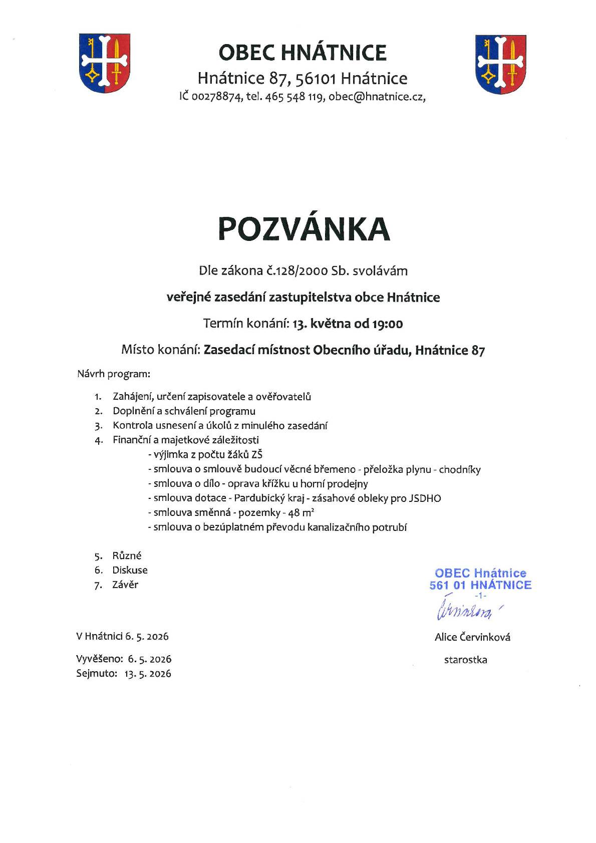 Zveme vás na veřejné zasedání zastupitelstva obce ve středu 13. května 2026 od 19 hodin v zasedací místnosti Obecního úřadu, Hnátnice 87.