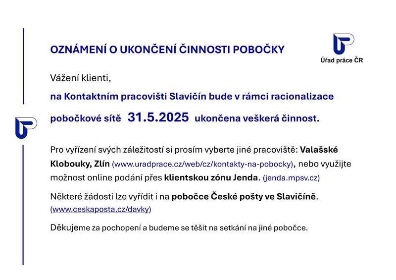 Oznámení o ukončení činnosti pobočky