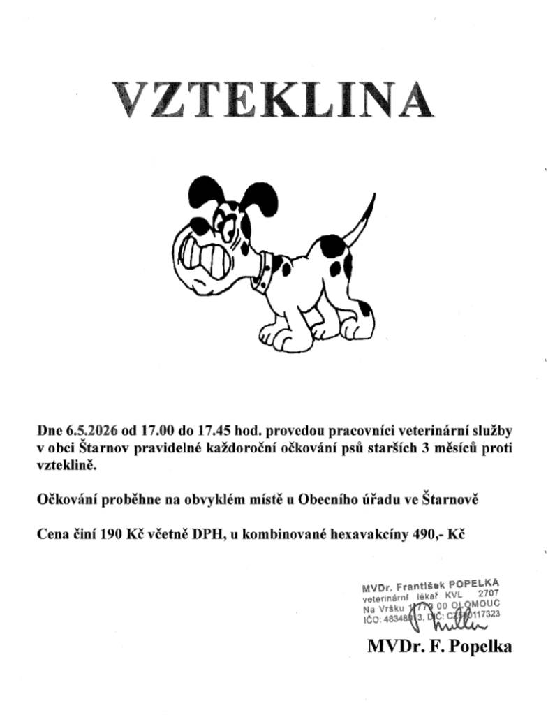 Očkování psů starších 3 měsíců proti vzteklině 6.5.2026 od 17:00-17:45 hodin u KD Štarnov.