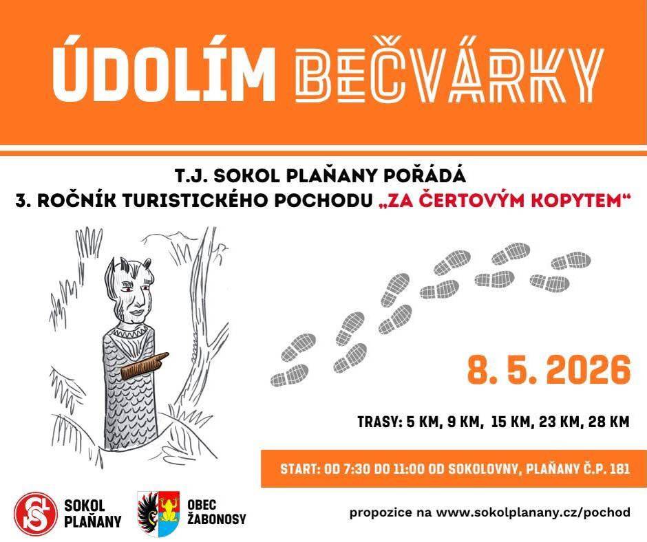 Dne 8.5.2026 TJ Sokol Plaňany pořádá 3 ročník turistického pochodu. Start od 07:30 do 11:00 od sokolovny v Plaňanech č.p. 181. Délky tras 5, 9, 15, 23, 28 km.