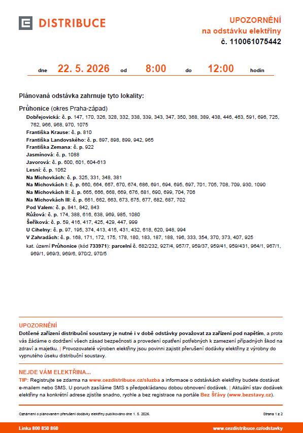22.05.2026 od 8:00 - 12:00 hod. Seznam dotčených lokalit včetně mapy v příloze