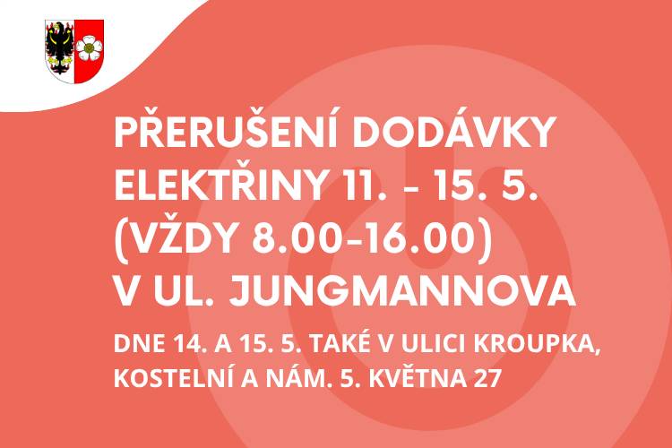 Z důvodu rekonstrukce Jungmannovy ulice dojde v průběhu celého týdne od 11. do 15. 5. k přerušení dodávky elektřiny v Jungmannově ulici a okolí.    Více podrobností naleznete níže.