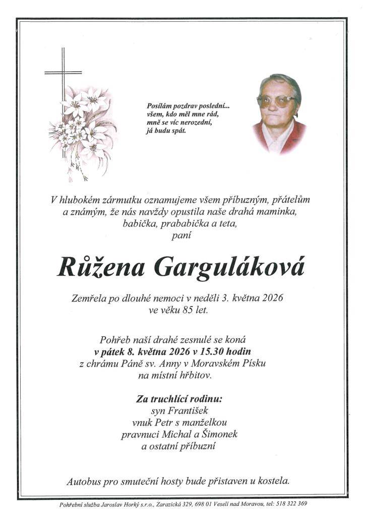 Smuteční oznámení Růžena Garguláková