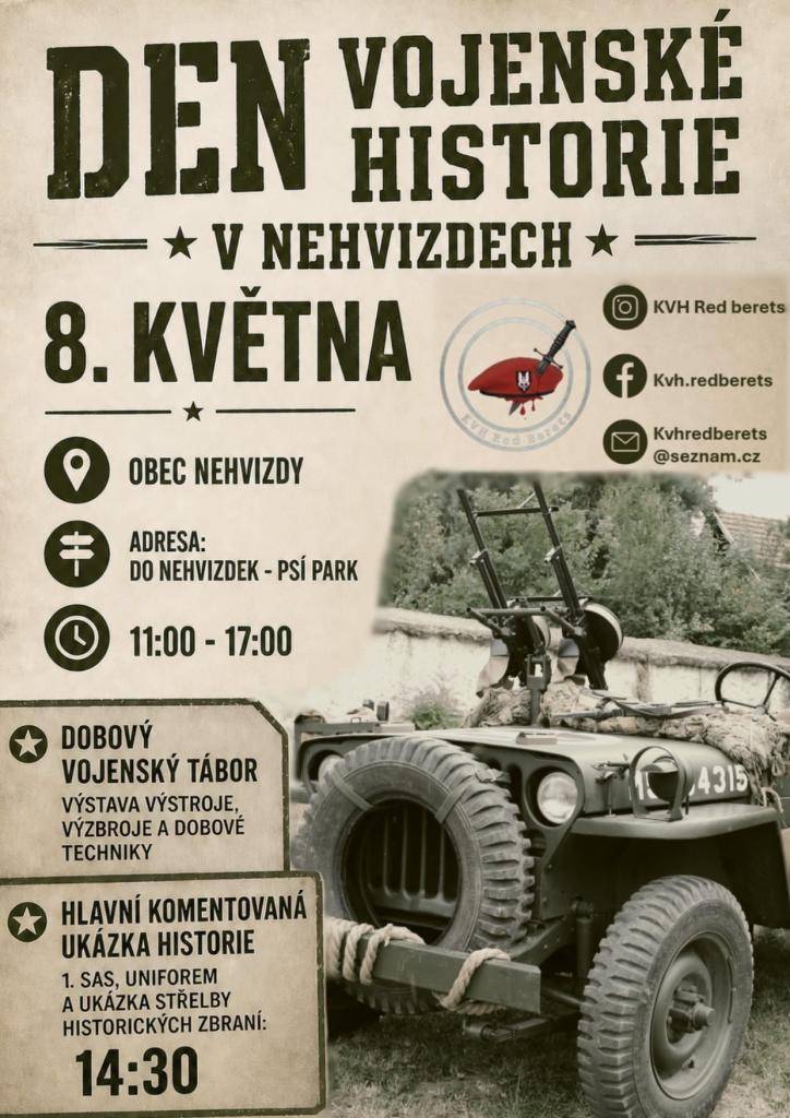 8. května 2026 od 11:00 do 17:00 hod. zveme návštěvníky na akci, která se koná v areálu psího parku v ul. Do Nehvízdek. K vidění bude dobová výstroj, výzbroj a vojenská technika. Součástí bude i komentovaná ukázka historických zbraní a uniforem, která začne ve 14:30 hodin.
