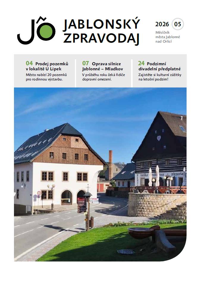 Květnový zpravodaj jako obvykle přináší informace z radnice, referuje o probíhajících investičních akcích, zmiňuje dění ve školách, v knihovně i sportovních oddílech. Zve na květnové kulturní a společenské akce - a že jich bude! Historická rubrika zahajuje sérii článků o jablonských řemeslnících. Rovněž přináší informace k prodeji stavebních pozemků v lokalitě U Lipek.  Přejeme příjemné čtení...