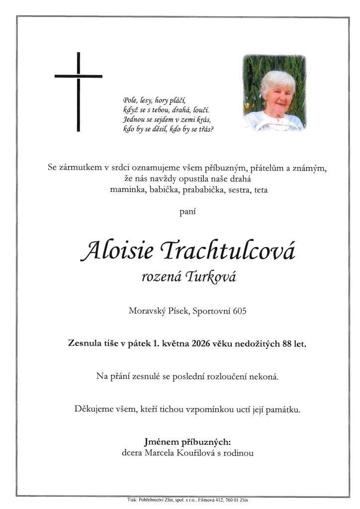 Smuteční oznámení Aloisie Trachtulcová