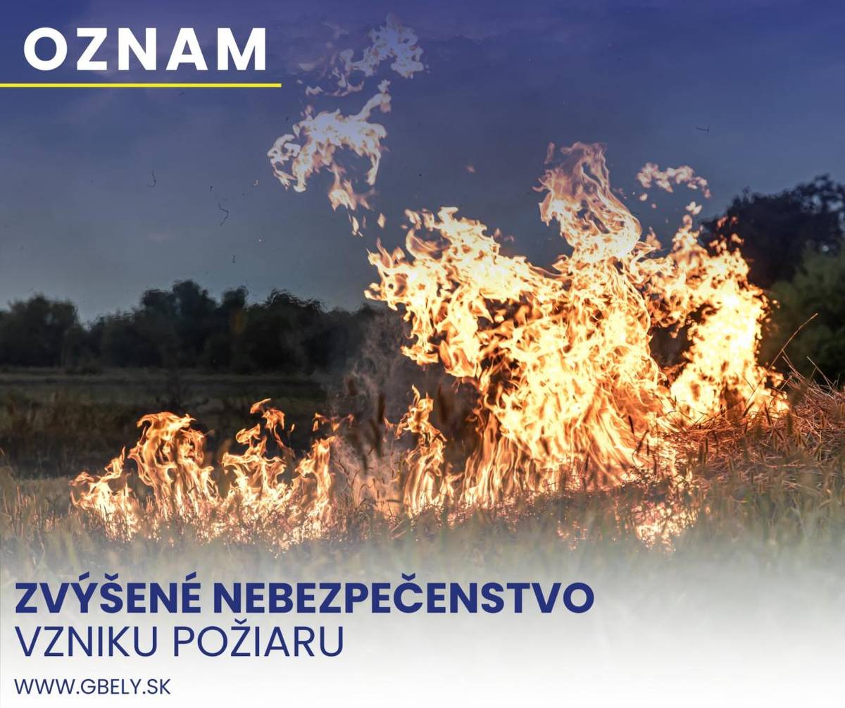 Mesto Gbely upozorňuje občanov na rozhodnutie Okresného riaditeľstva Hasičského a záchranného zboru v Skalici, ktoré s účinnosťou od 05.05.2026 vyhlasuje čas zvýšeného nebezpečenstva vzniku požiaru pre celé územie okresu.