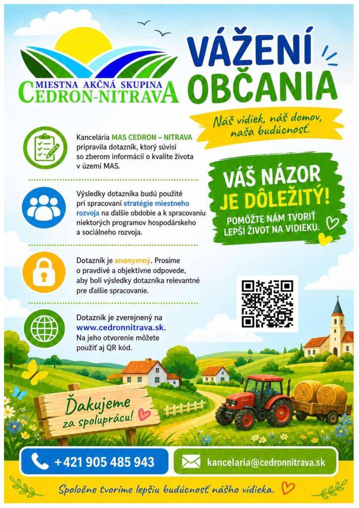 Kancelária MAS CEDRON-NITRAVA pripravila dotazník, ktorý súvisí so zberom informácií o kvalite života v území MAS.