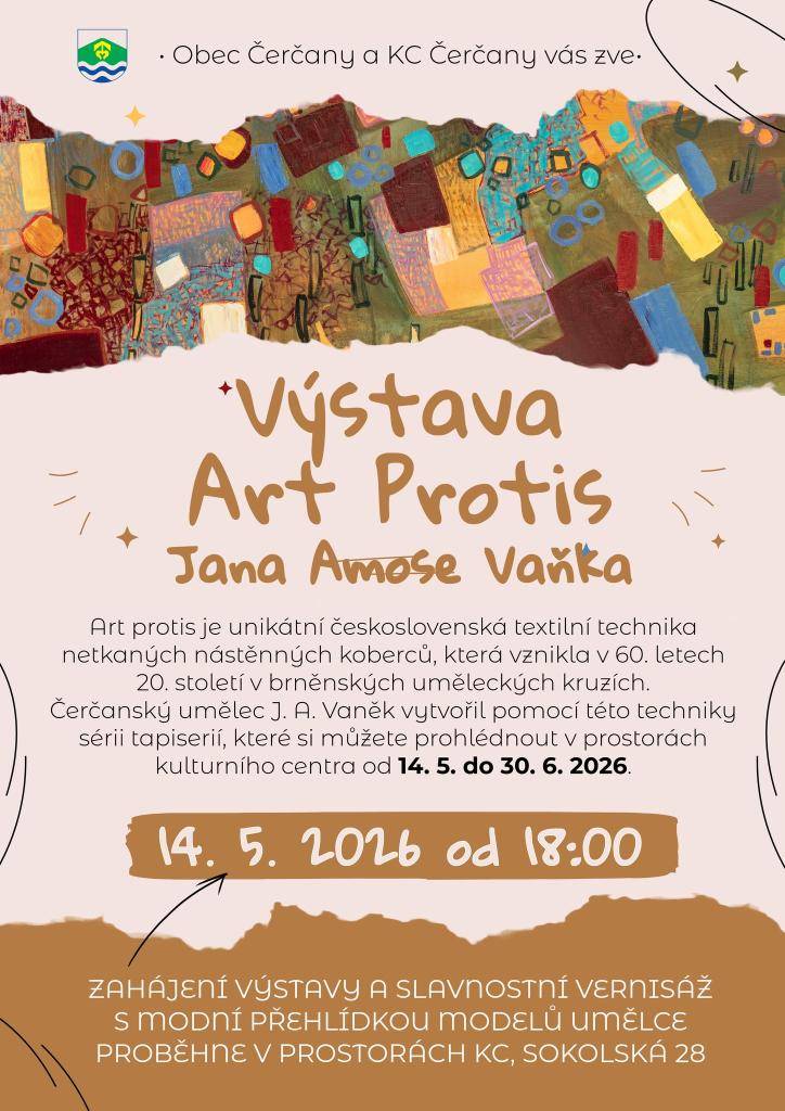 Čerčanský umělec J. A. Vaněk vytvořil sérii tapiserií, které si mužete prohlédnout v prostorách kulturního centra v Čerčanech od 14.5. do 30.6.2026. Vernisáž s módní přehlídkou proběhne 14.5. od 18 hodin.