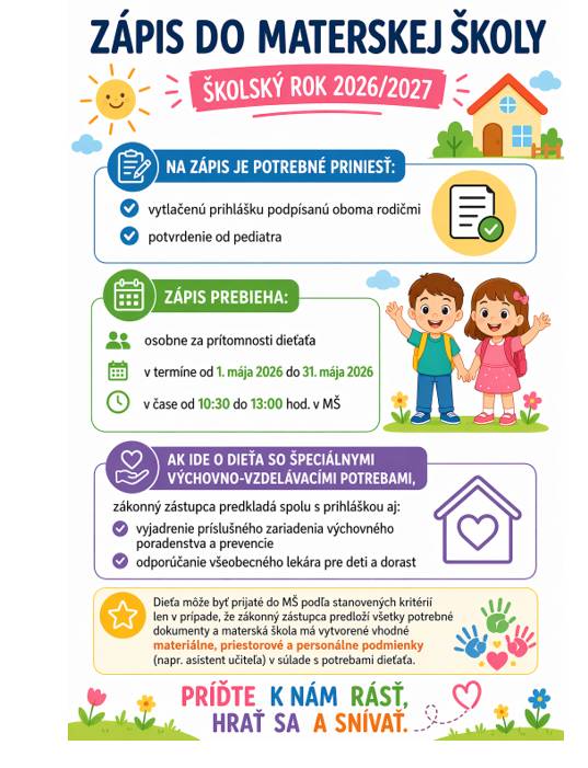 Materská škola organizuje zápis detí do MŠ, ktorý potrvá do 31.05.2026. Nezabudnite si pripraviť potrebné dokumenty, ktoré nájdete v prílohe a prísť v určenom termíne a čase.