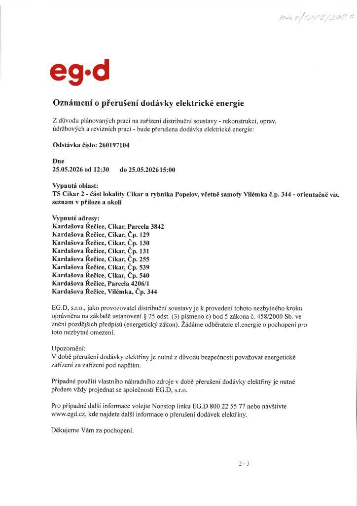 Přerušení dodávky elektřiny - 25. května 2026 (12:30 - 15:00 hodin)