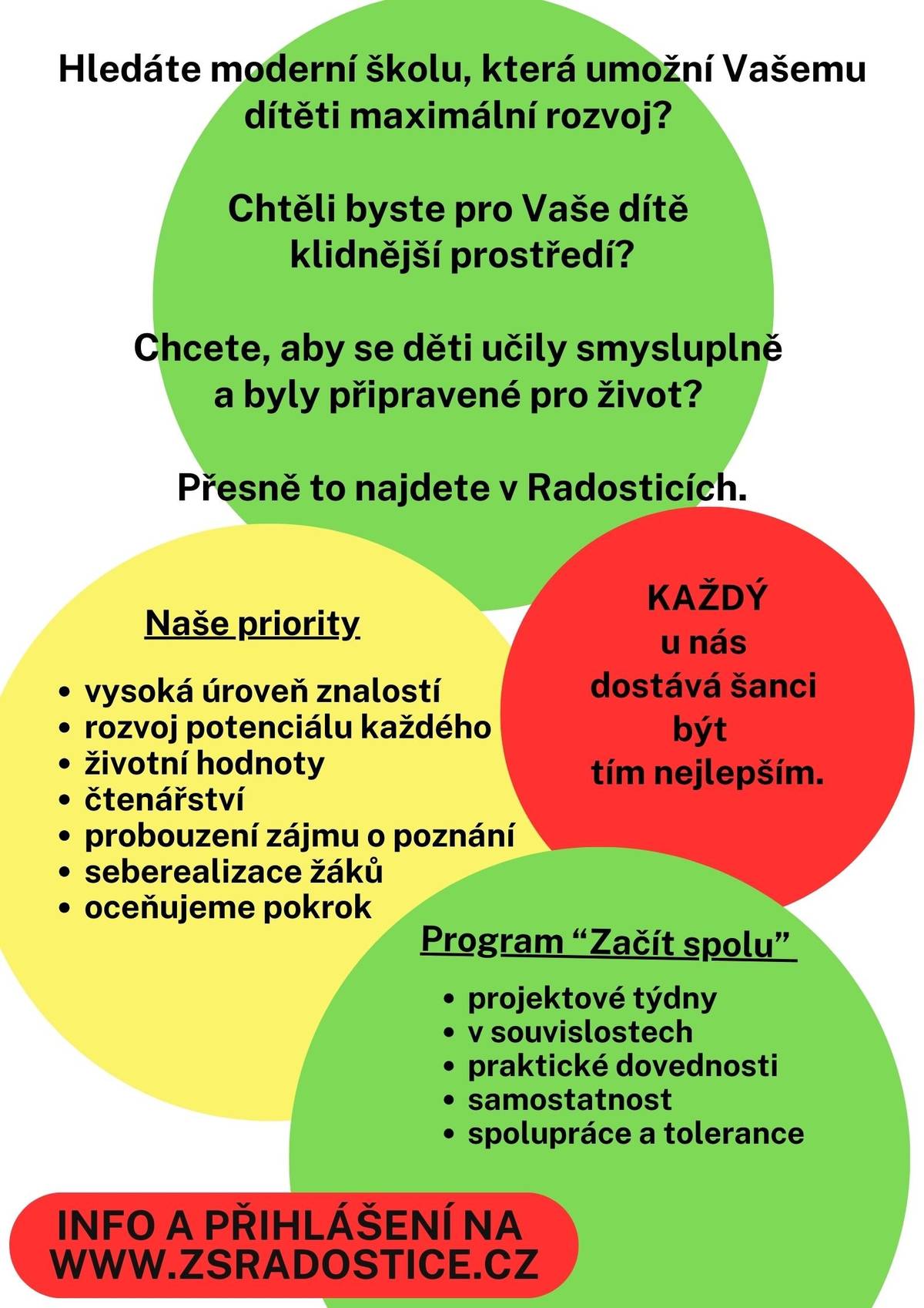 Hledáte moderní školu, která umožní vašemu dítěti maximální rozvoj? Chtěli byste pro vaše dítě klidnější prostředí? Chcete, aby se děti učily smysluplně a byly připravené pro život? Přesně to najdete v RADOSTICÍCH! Každý u nás dostává šanci být tím nejlepším   Už nás znáte ? JSME ŠKOLA...  otevřená inovativní podporující pro život smysluplná ...  A také...  STÁTNÍ a BEZPLATNÁ  Základní škola radostice. Info a přihlášení na www.zsradostice.cz