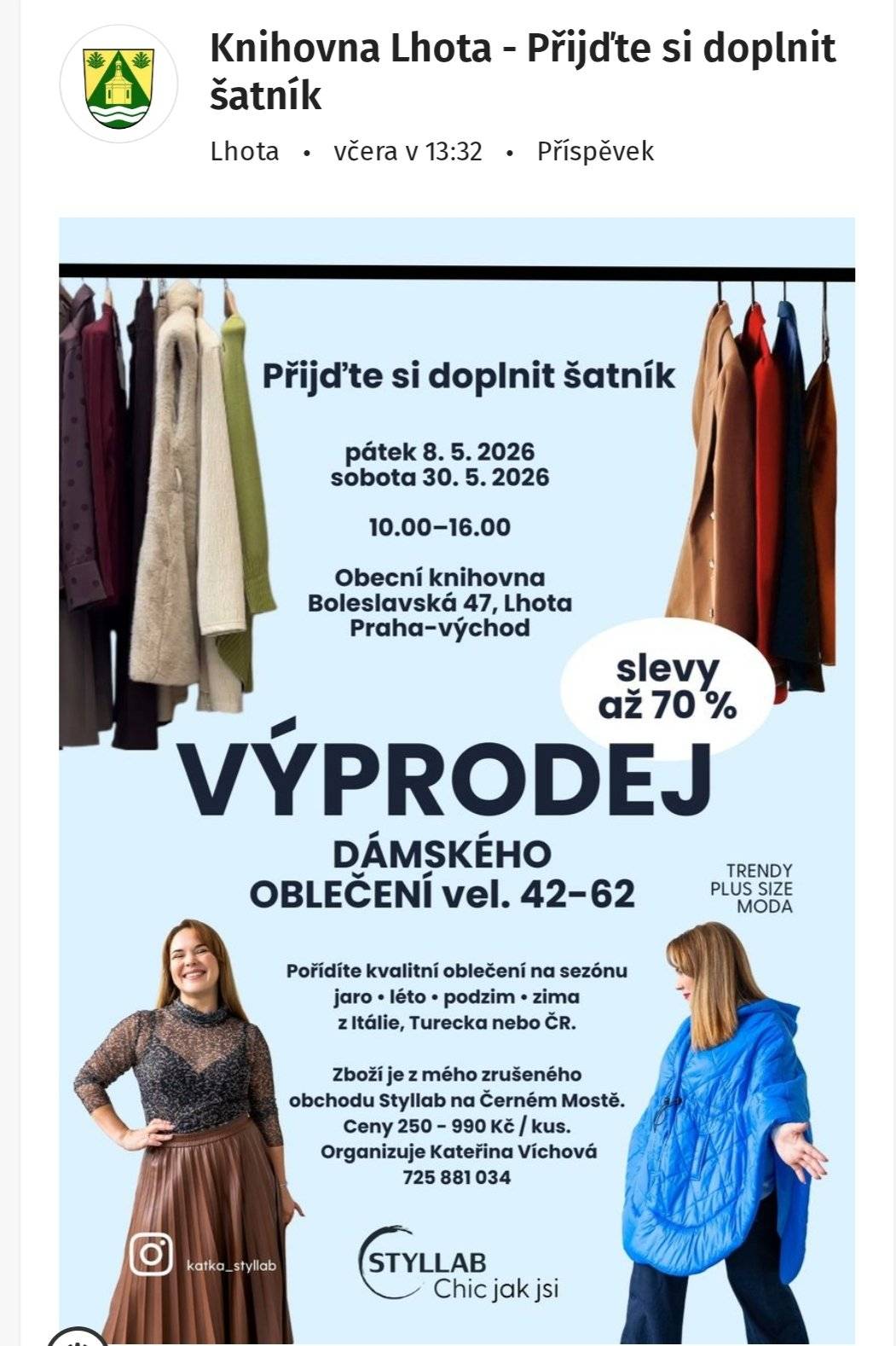 v obecní knihovně ve Lhotě, Boleslavská 47.