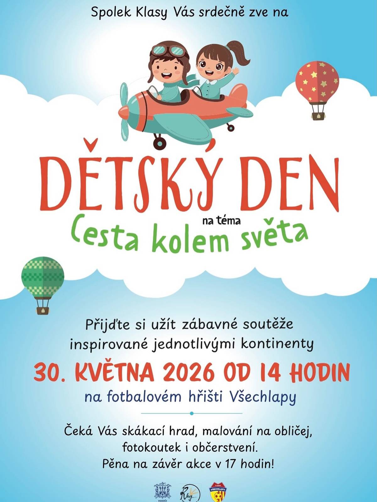 🌍✈️ Pozor, pozor! Kufry netřeba balit – svět přijede za vámi! 😄 Jménem spolku Klasy zveme všechny malé dobrodruhy na Dětský den – Cesta kolem světa, kde vás čekají soutěže, smích, skákání i trocha pěny na závěr! 🫧 🗓️ 30. května od 14:00 📍 fotbalové hřiště Všechlapy Přijďte si “zalétat”, zasoutěžit a užít si odpoledne plné zábavy! 🌈 Spolek Klasy