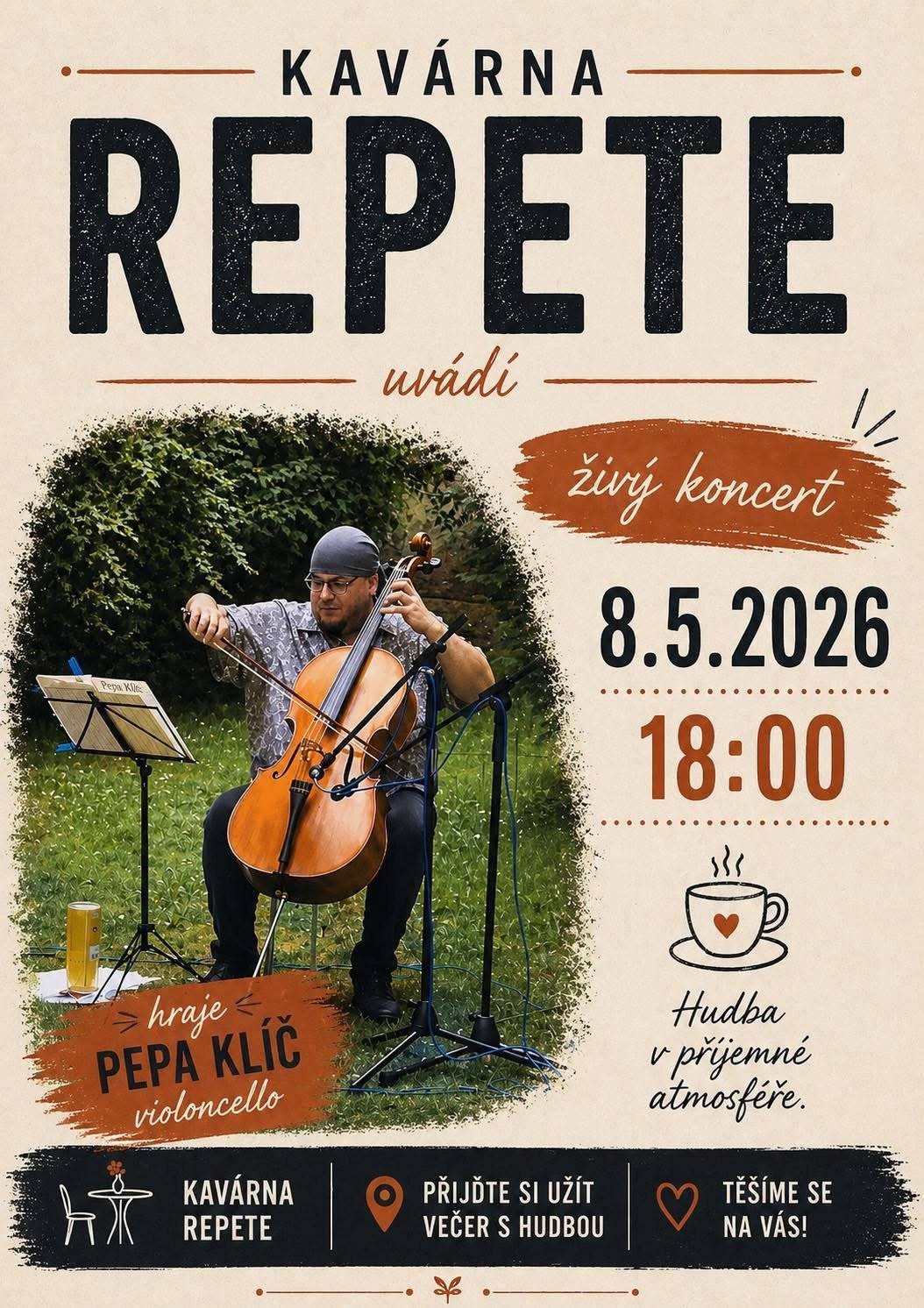 Pražírna Repete zve na koncert violoncellisty Pepy Klíče dnes od 18:00. OÚ Police