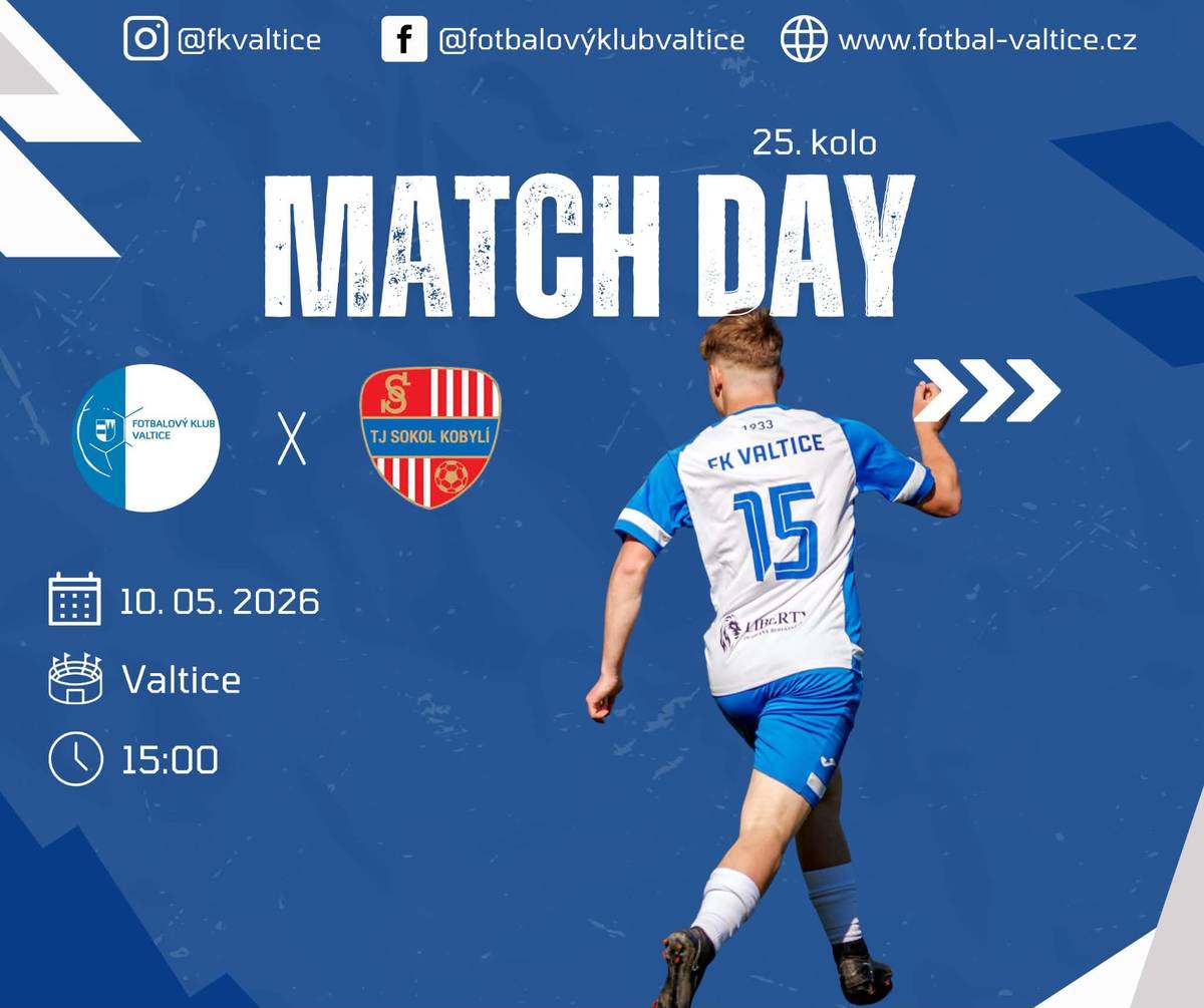 FK Valtice zve své příznivce na další domácí utkání jarní části sezóny proti TJ Sokol Kobylí. ⚽ Neděle 10. 5. 2026 15:00 FK VALTICE - TJ Sokol Kobylí Přijďte podpořit a povzbudit naše hráče! Budeme se těšit, občerstvení zajištěno. 🍺 Své domácí zápasy odehraje také mládež, viz program. ❗️Jelikož v areálu probíhají práce na kabinách, dbejte prosím zvýšené bezpečnosti!