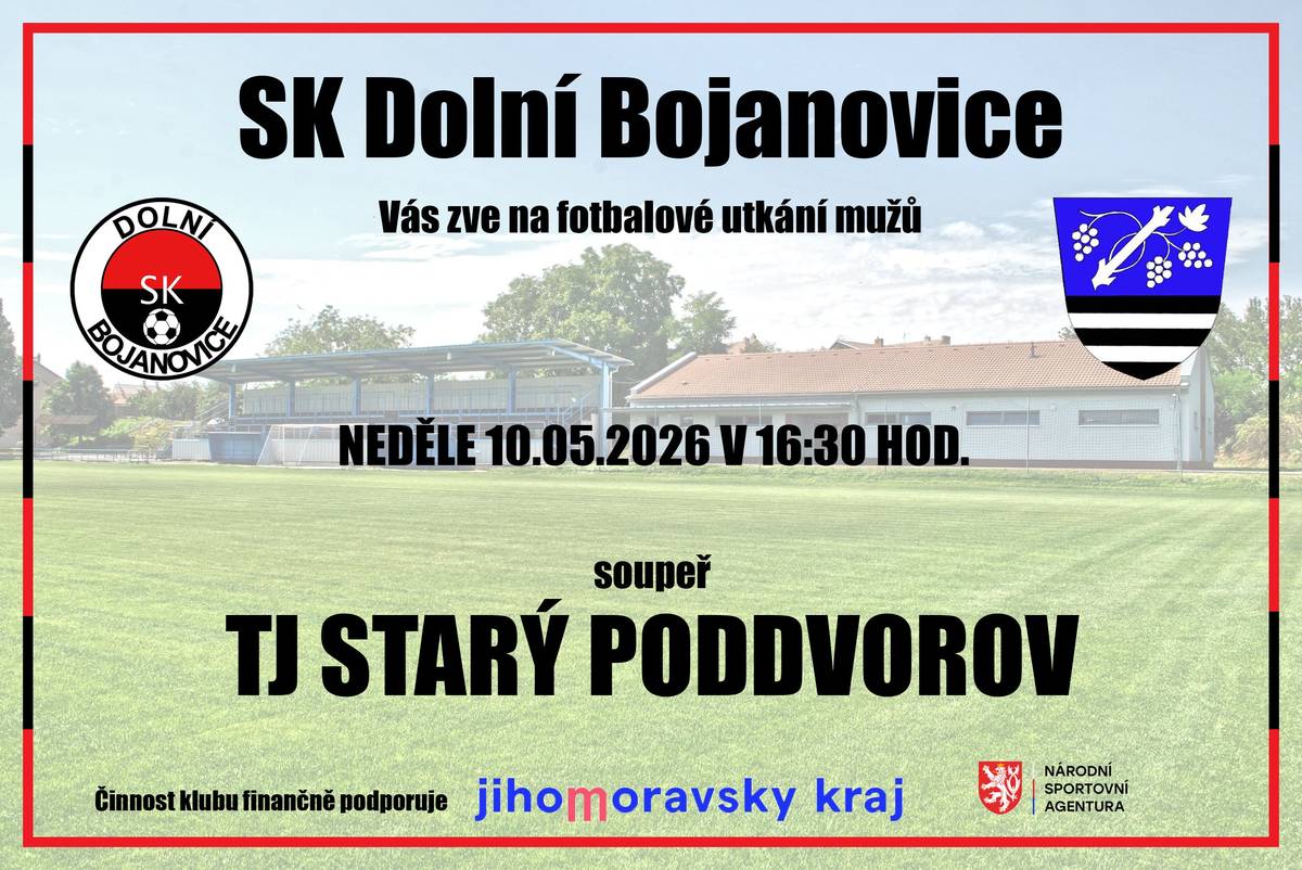 Fotbalový klub SK Dolní Bojanovice Vás srdečně zve na fotbalové utkání mužů proti soupeři ze Starého Poddvorova. Výkop utkání v neděli 10. 5. v 16:30 hod. na hřišti v Dolních Bojanovicích. Občerstvení zajištěno.