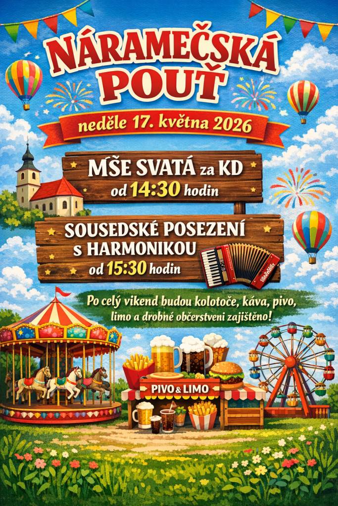 Předem děkujeme za příspěvek domácího sladkého či slaného  pohoštění (moučníky, cukroví, koláčky apod.), které můžete nosit do KD v neděli 17.5.2026 od 14 hodin.