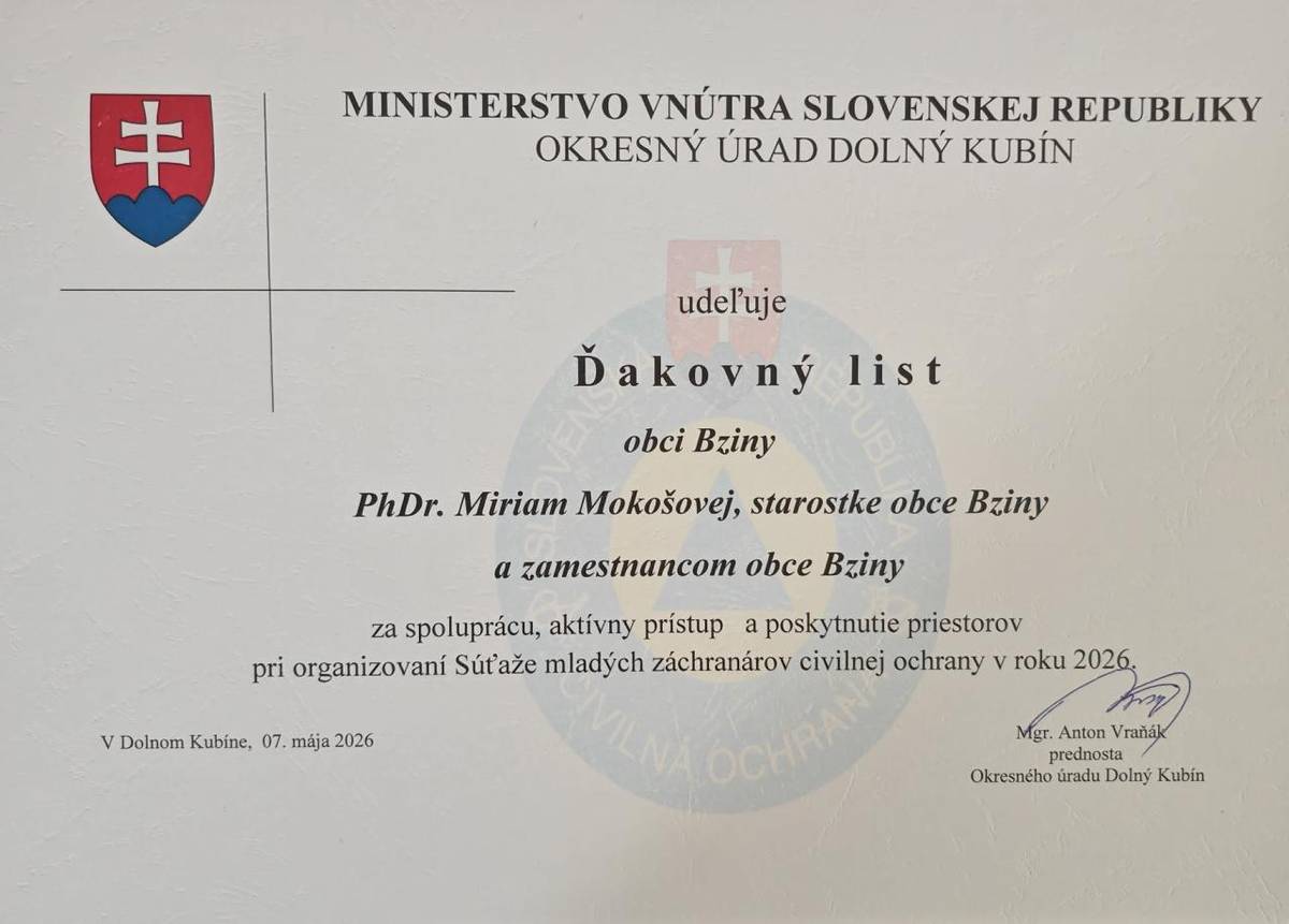 Dňa 7. mája 2026 sa v športovom areáli obce Bziny uskutočnilo okresné kolo Súťaže mladých záchranárov civilnej ochrany. Podujatie zorganizoval Okresný úrad Dolný Kubín – odbor krízového riadenia v spolupráci s obcou Bziny, ZMODO, Hasičský a záchranný zbor a Policajný zbor Slovenskej republiky.
