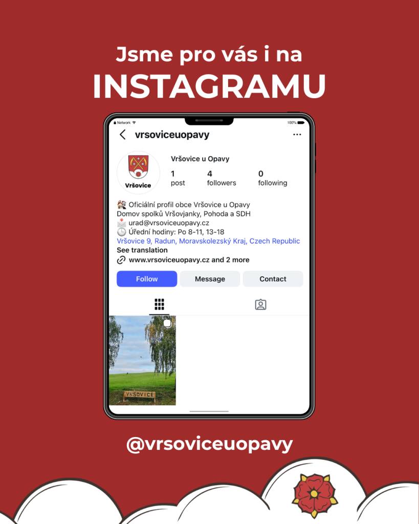 Máme pro vás novinku!    Nově nás najdete také na Instagramu https://www.instagram.com/vrsoviceuopavy/    Sledujte nás a buďte v obraze – čekají vás fotky z akcí, dění v obci i zajímavosti z Vršovic.     Těšíme se na vás i tam!