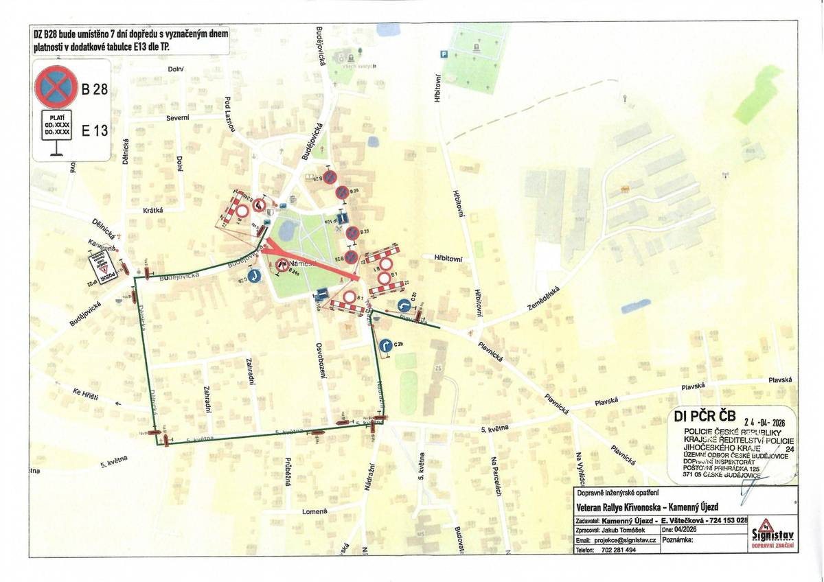 Z důvodu průjezdu závodu veteránů bude v sobotu 9. 5. 2026 v čase od 11 do 14 hodin uzavřena Plavnická ulice přes Náměstí. Mapa s objízdnou trasou je v příloze.