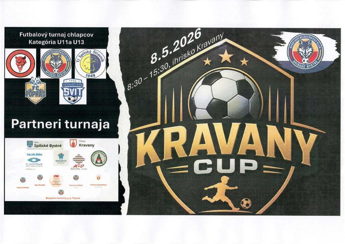 Dňa 8. mája 2026 sa v Kravanoch uskutoční futbalový turnaj pre chlapcov v kategóriách U11 a U13.