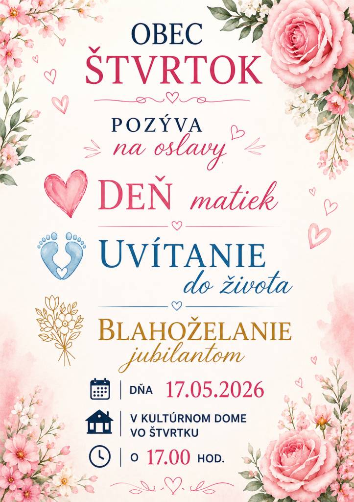 Pozvánka na oslavy Dňa matiek, uvítanie detí do života a blahoželanie jubilantom