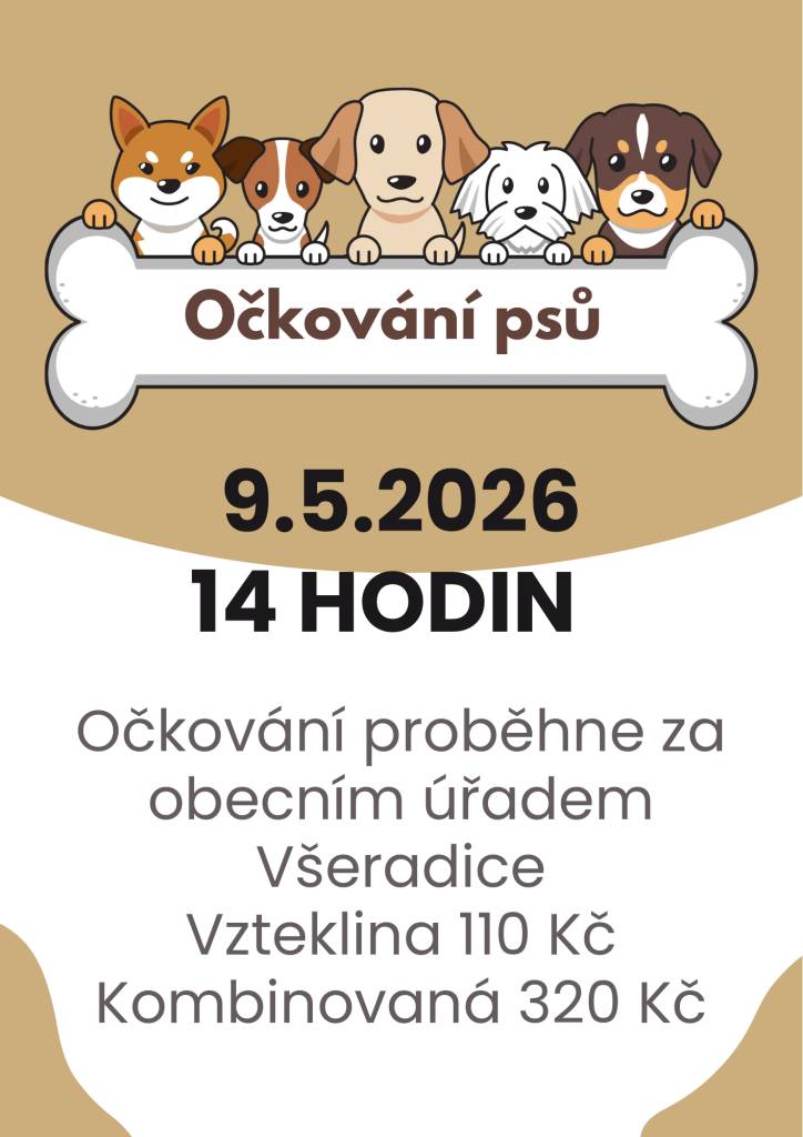 Vážení občané,    dnes proběhne očkování psů. Od 14 hodin za obecním úřadem Všeradice.    OÚ Všeradice
