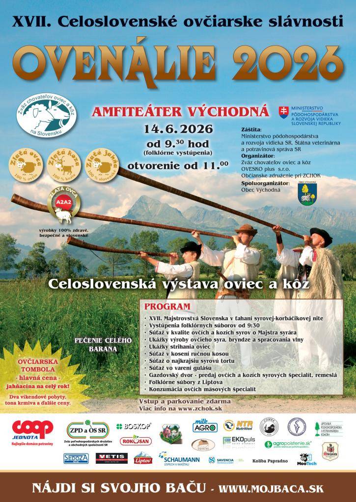 Ovčiarske slávnosti v areáli amfiteátra vo Východnej sa uskutočnia 14. júna 2026 so začiatkom o 9,30 hod.