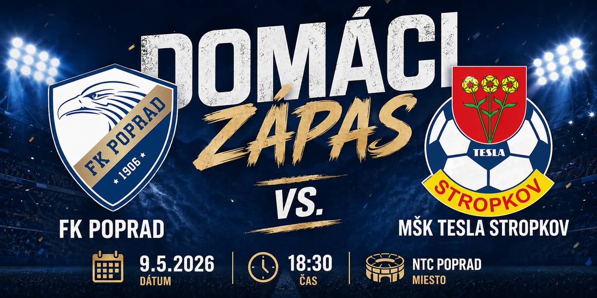 ⚽Popradskí futbalisti privítajú doma v rámci 23. kola futbalovej Tipos III. ligy Východ tím MŠK Tesla Stropkov. 👉Zápas sa odohrá v sobotu 9. mája večer o 18.30 hod. na ihrisku Národného tréningového centra v Poprade. 👌Na fanúšikov čaká opäť bohatý sprievodný program. Nebude chýbať maskot Pepe pre najmenších, veľkoplošná LED tabuľa pre ešte lepší zážitok, ale ani polčasová súťaž. 🏟Hrať sa bude tentokrát pod umelým osvetlením s pravou futbalovou atmosférou. Prídete si to užiť priamo na štadión? 😉