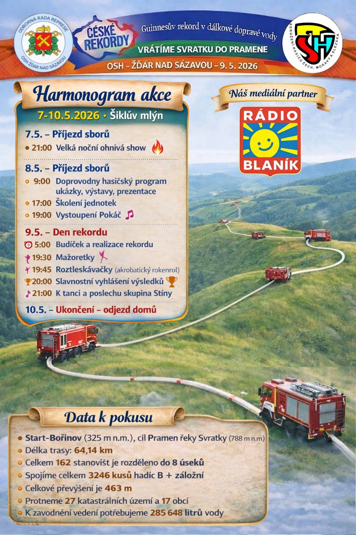 V sobotu 9.5. proběhne hasičská akce "Vrátíme Svratku do pramene", které se účastní i místní hasiči na stanovišti č.106 u obce Ujčov. Doprovodný program probíhá v Šiklandu. Pokud máte zájem je podpořit nebo se jen přijet podívat, jste vítáni. Info na www.oshzdarns.cz