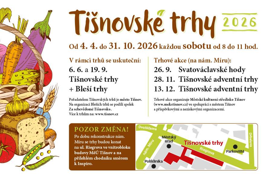 Každou sobotu od 8 do 11 hod. probíhají tradiční Tišnovské trhy. Po dobu rekonstrukce náměstí prodejce najdete na ulici Riegrova.