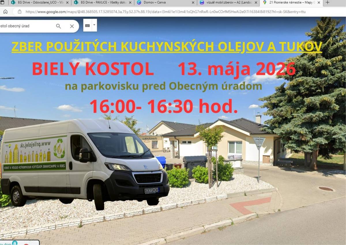 V stredu 13. mája 2026 sa uskutoční mobilný zber použitých kuchynských olejov a tukov, na parkovisku pred OcÚ v čase od 16.00 do 16.30 hod.