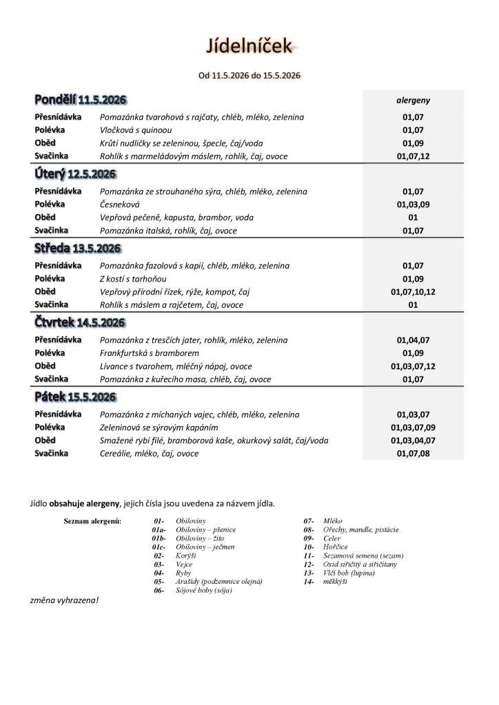 Jídelníček základní školy platný v týdnu od 11. do 15.5.2026