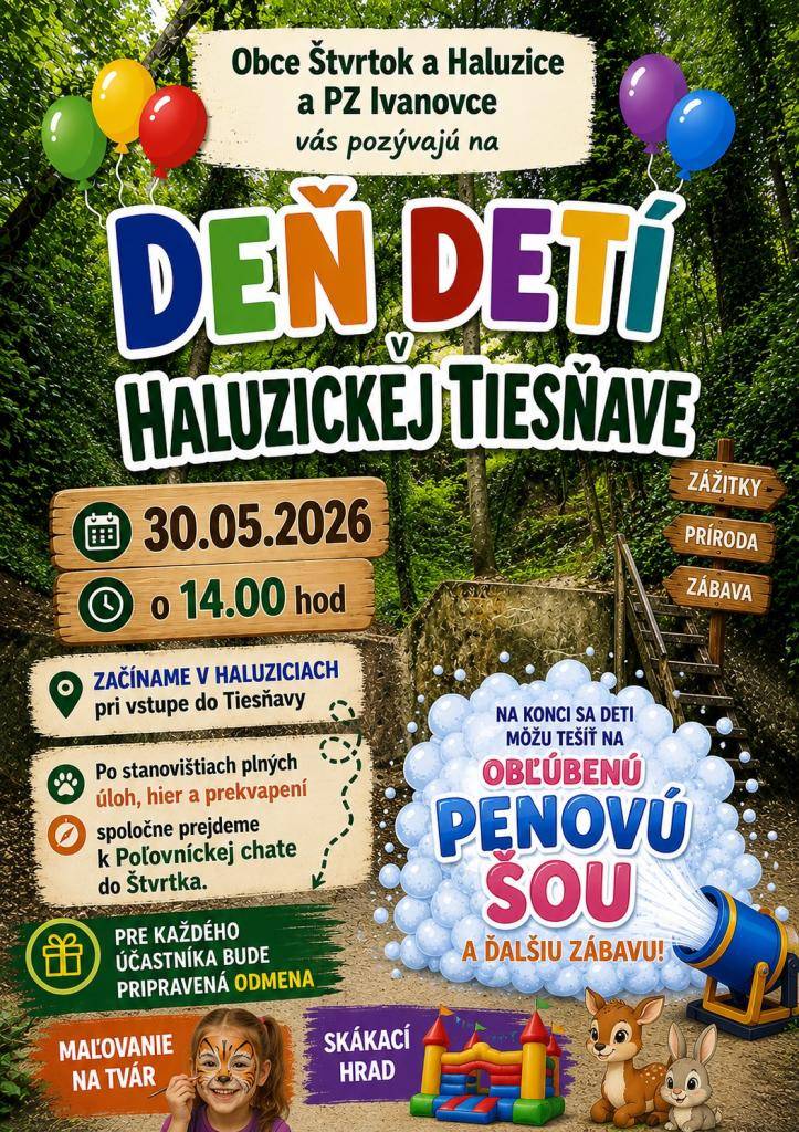 Pozývame všetky deti stráviť príjemný deň detí v Haluzickej Tiesňave