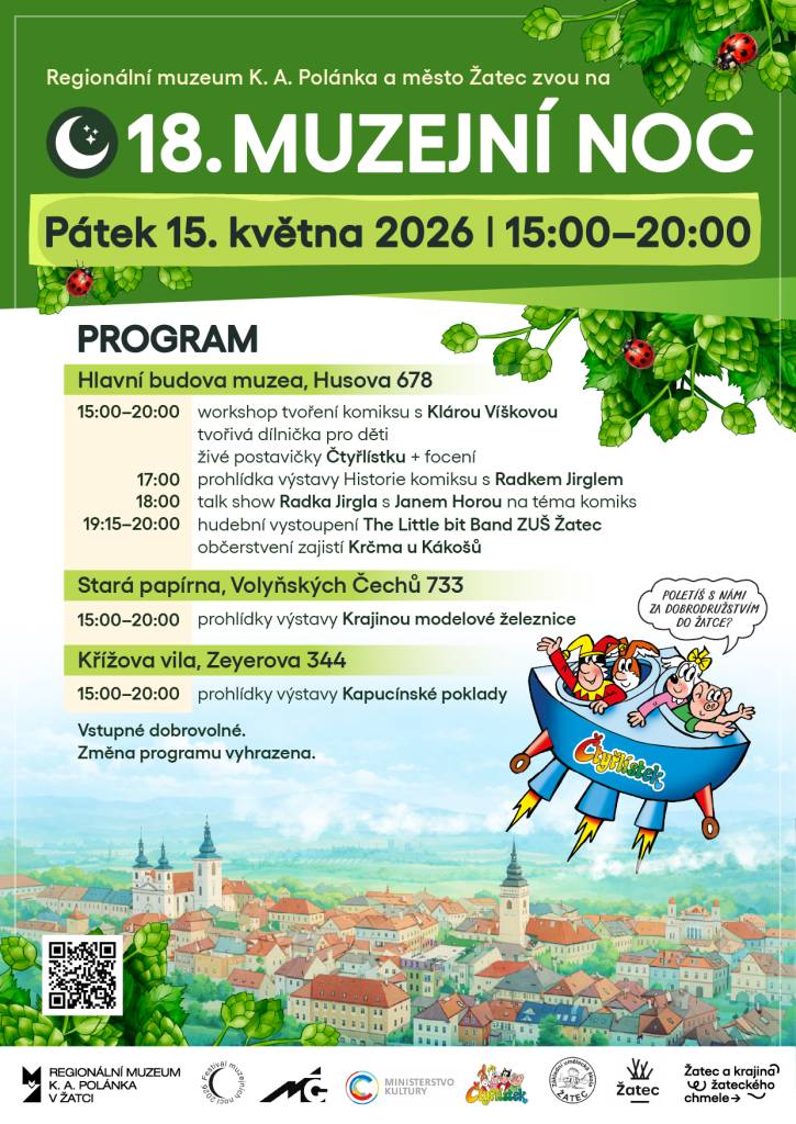 Letošní Muzejní noc v Žatci bude ve znamení komiksu a slavného Čtyřlístku, zábavných i vzdělávacích aktivit je pro účastníky ale připraveno mnohem více. Stačí přijít v pátek odpoledne a večer do některé z budov regionálního muzea.