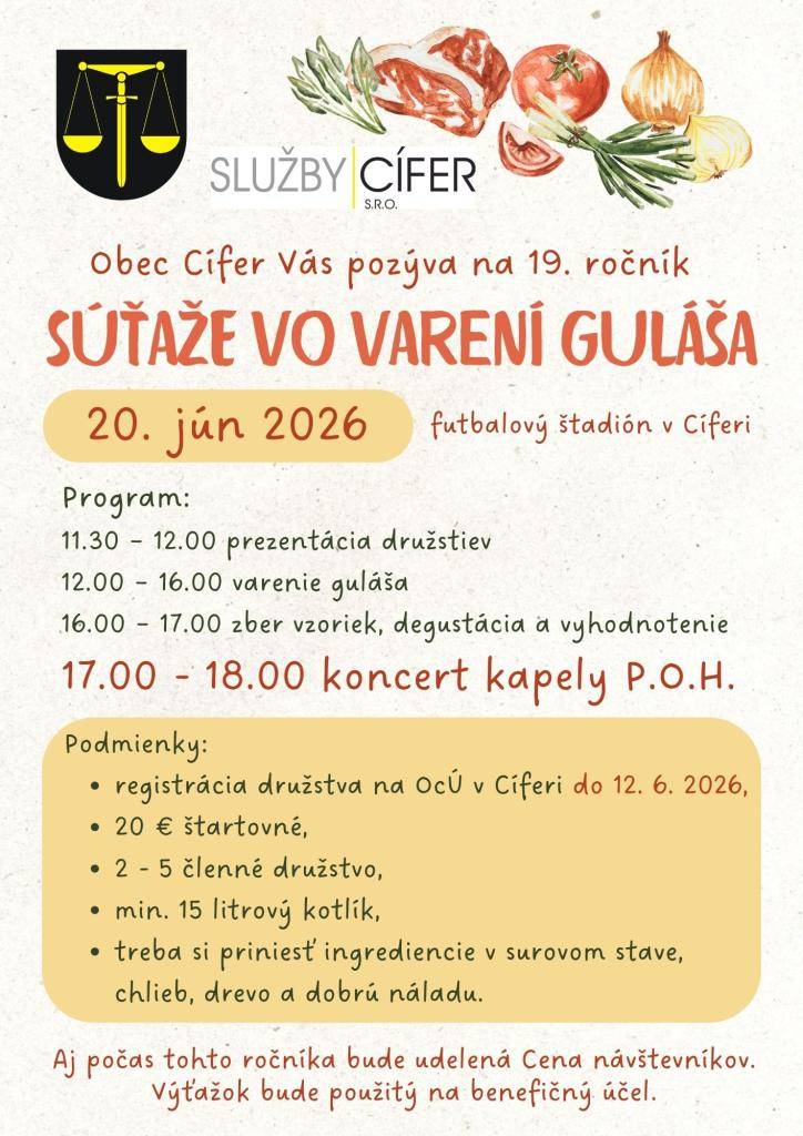 Obec Cífer Vás dňa 20. júna 2026 pozýva na 19. ročník súťaže vo varení guláša.