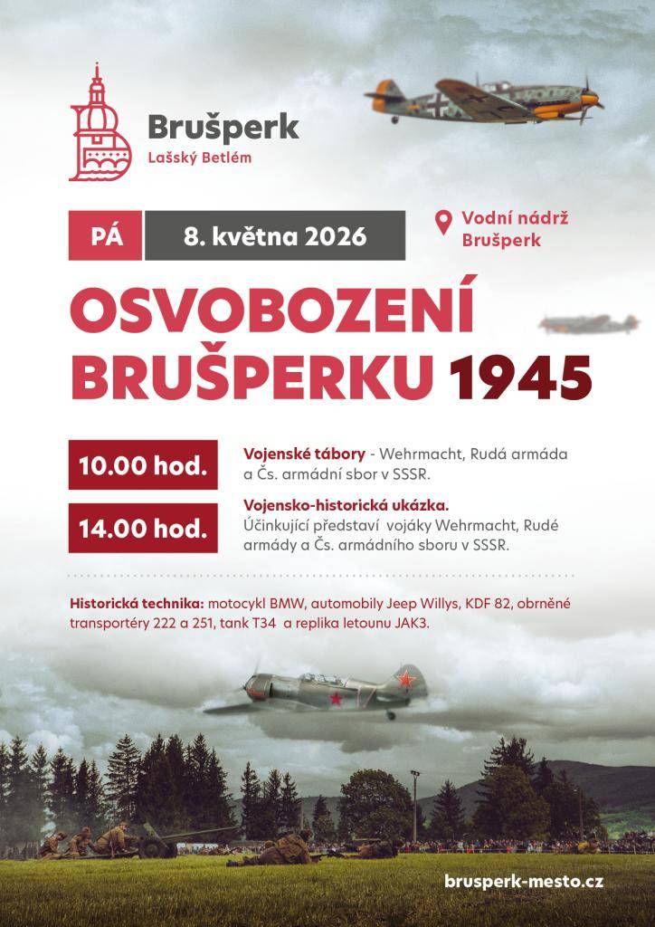 Město Brušperk srdečně zve na akci Osvobození Brušperku 1945, která se uskuteční v areálu přehrady. Od 10:00 hod prohlídky táborů a vojenské techniky, ve 14.00 hod vojensko-historická ukázka. Konec akce v 15.00 hod.  Informace k parkování naleznete na přiložených obrázcích. Občerstvení zajištěno.