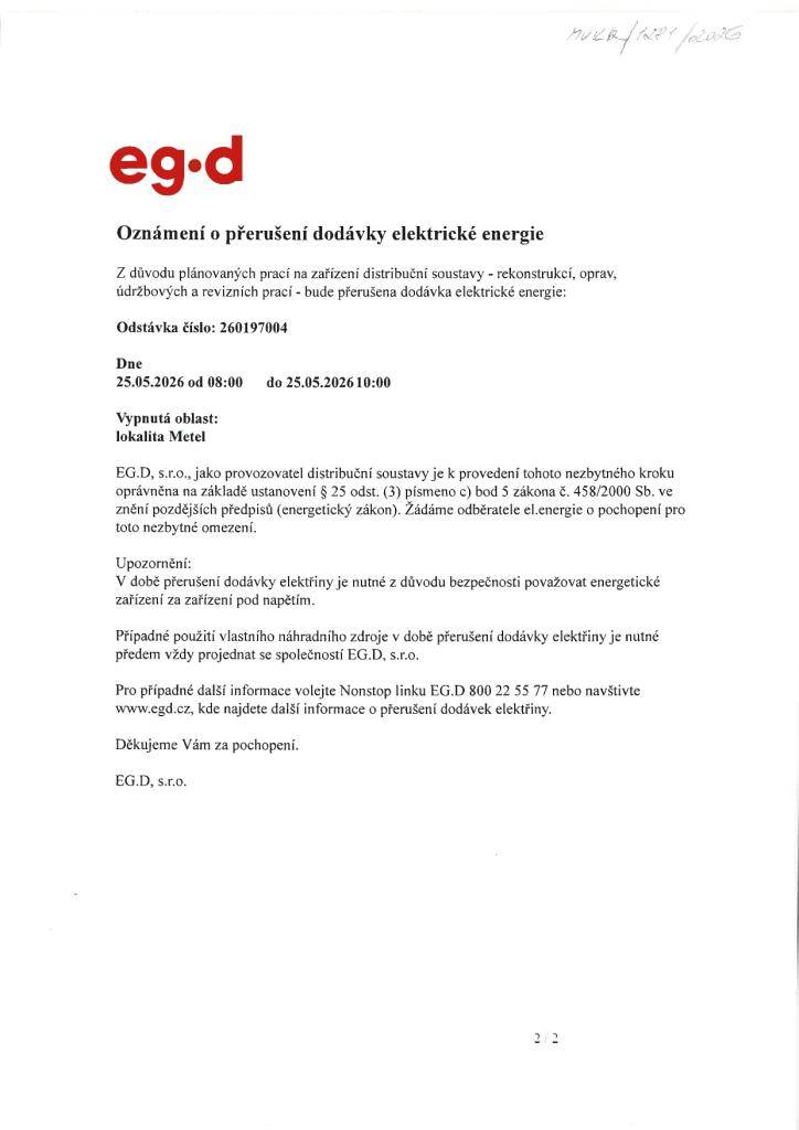 Přerušení dodávky elektřiny - 25. května 2026 (8:00-10:00 hodin)