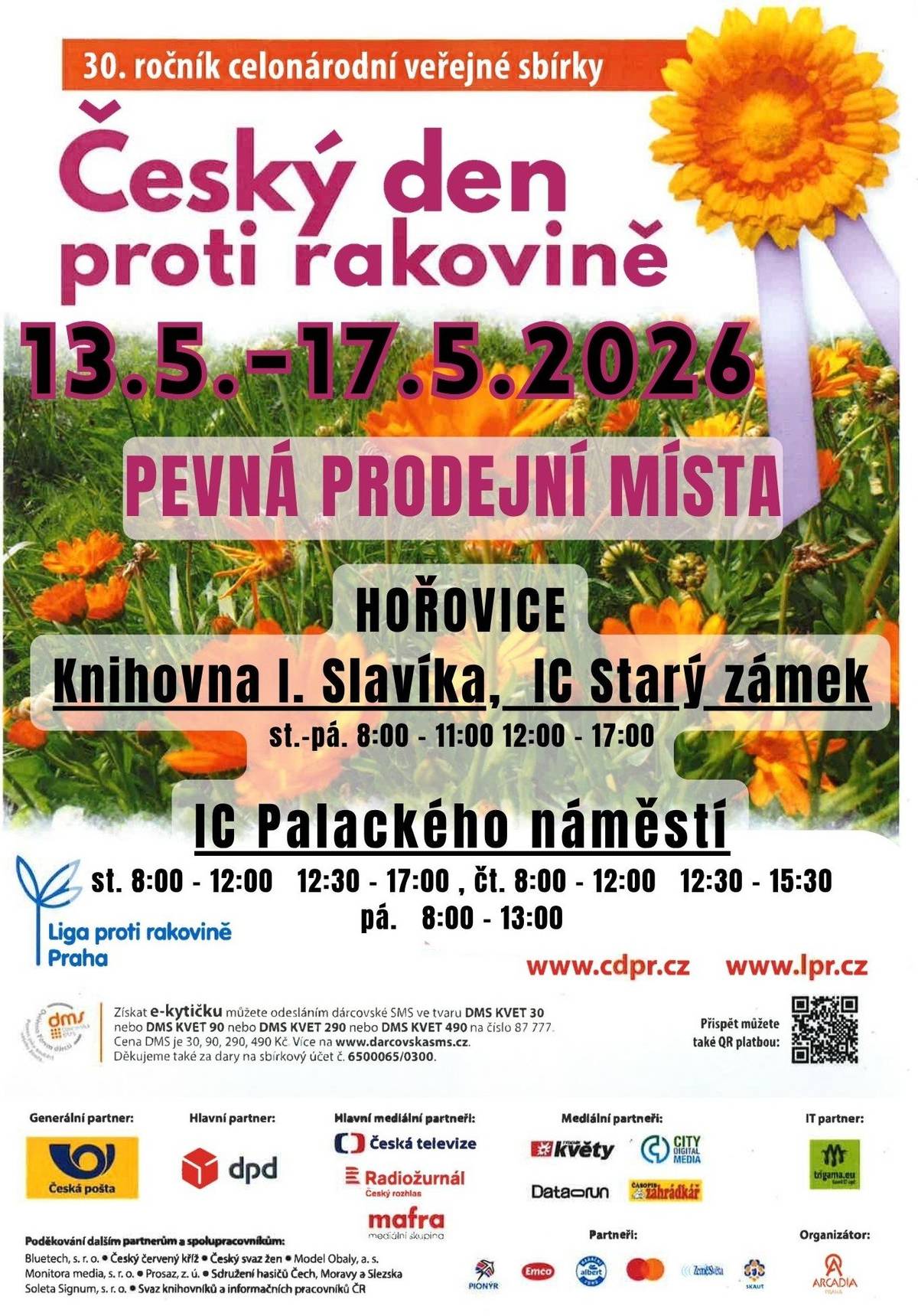 🌼 Český den proti rakovině 2026 🌼 Srdečně vás zveme na 30. ročník celonárodní veřejné sbírky, kterou pořádá Liga proti rakovině Praha. 📅 Kdy: 13.–17. května 2026 📍 Kde v Hořovicích: Knihovna I. Slavíka & IC Starý zámek IC Palackého náměstí 🎗️ Letošní téma: Prevence nádorů hlavy a krku – důraz na včasné odhalení a informovanost veřejnosti.  Na těchto pevných prodejních místech si můžete zakoupit tradiční kytičku se světle fialovou stužkou a přispět tak na boj proti rakovině, podporu prevence, léčby i pomoci onkologickým pacientům. 💛 Přijďte podpořit dobrou věc – i malý příspěvek má velký význam. 🌿