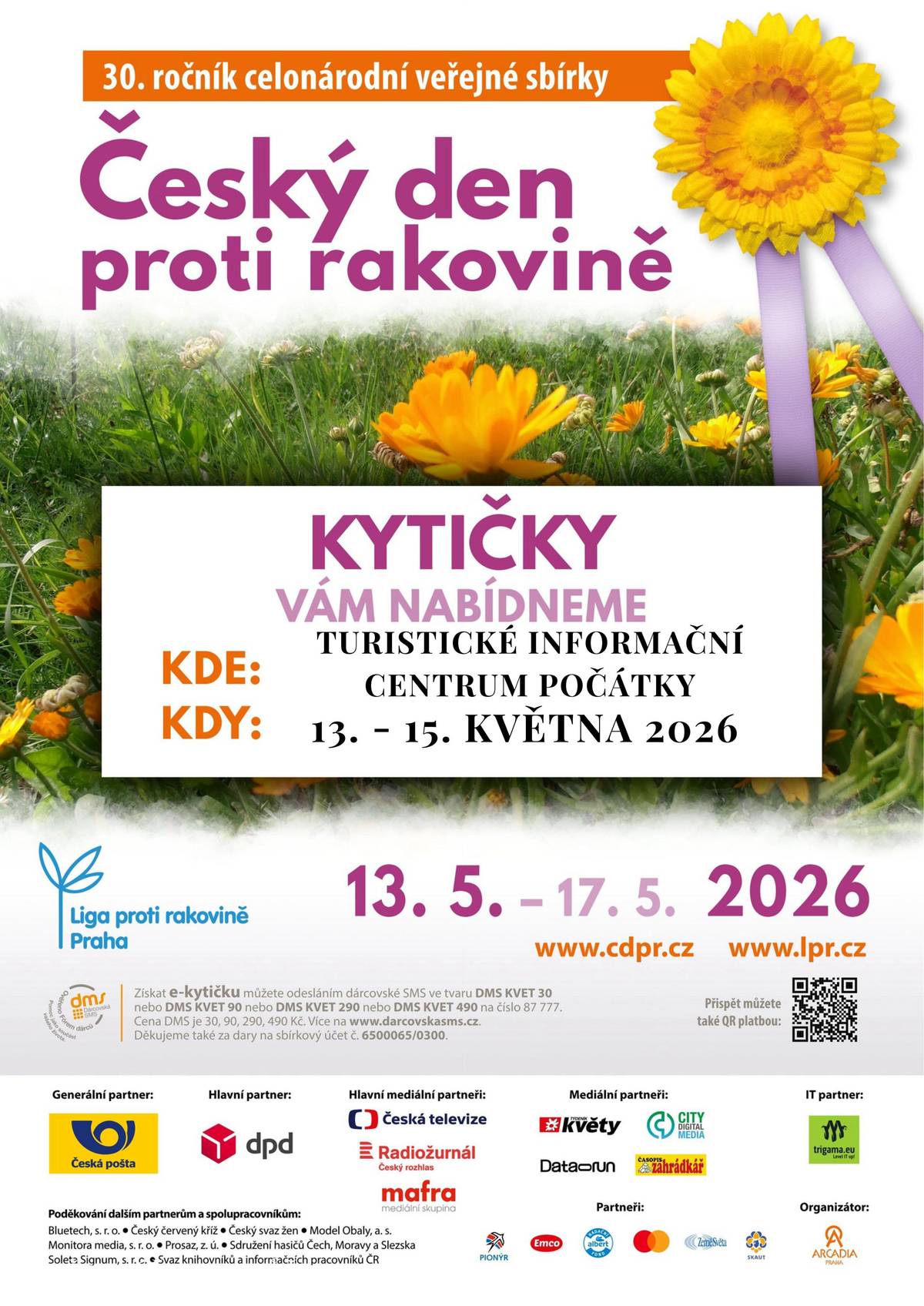 Český den proti rakovině – 13. května 2026   V Turistickém informačním centru Počátky si můžete zakoupit kytičky ve středu 13. května od 8:00 do 16:30, a ve čtvrtek a pátek od 7:00 do 15:30 hodin.   Letos proběhne už 30. ročník celonárodní sbírky, která upozorňuje na význam prevence nádorových onemocnění. Hlavním tématem je prevence nádorů hlavy a krku. Riziko těchto onemocnění výrazně zvyšuje kouření a alkohol, roli hraje i špatná ústní hygiena, UV záření nebo infekce HPV. Důležité jsou proto preventivní prohlídky, péče o chrup a včasné řešení varovných příznaků. Ve středu 13. 5. můžete sbírku podpořit zakoupením žlutého kvítku se světle fialovou stužkou (min. 20 Kč) u dobrovolníků v ulicích nebo na distribučních místech až do 17. 5. Podpořit lze také DMS, QR platbou nebo finančním darem. Děkujeme všem, kteří pomáhají. Prevence má smysl.
