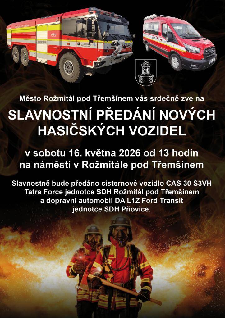 Město Rožmitál pod Třemšínem vás srdečně zve na Slavnostní předání nových hasičských vozidel. Bude se konat v sobotu 16. května 2026 od 13 hodin na náměstí v Rožmitále pod Třemšínem.