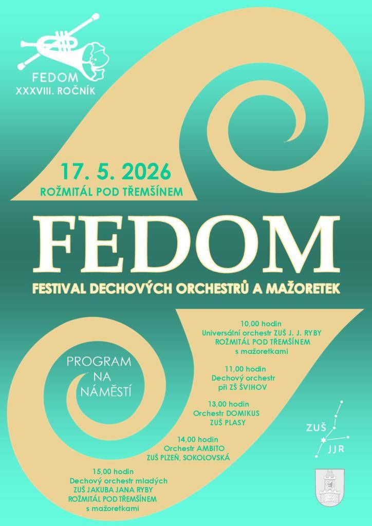 FEDOM se bude konat v neděli 17. května 2026 od 10 hodin, kdy jako první zahraje Universální orchestr ZUŠ J. J. R. a představí se i rožmitálské mažoretky. V 11 hodin se představí orchestr ze Švihova, ve 13 hodin ZUŠ Plasy, ve 14 hodin ZUŠ Plzeň, a v 15 hodin DOM ZUŠ J. J. R. opět s mažoretkami.